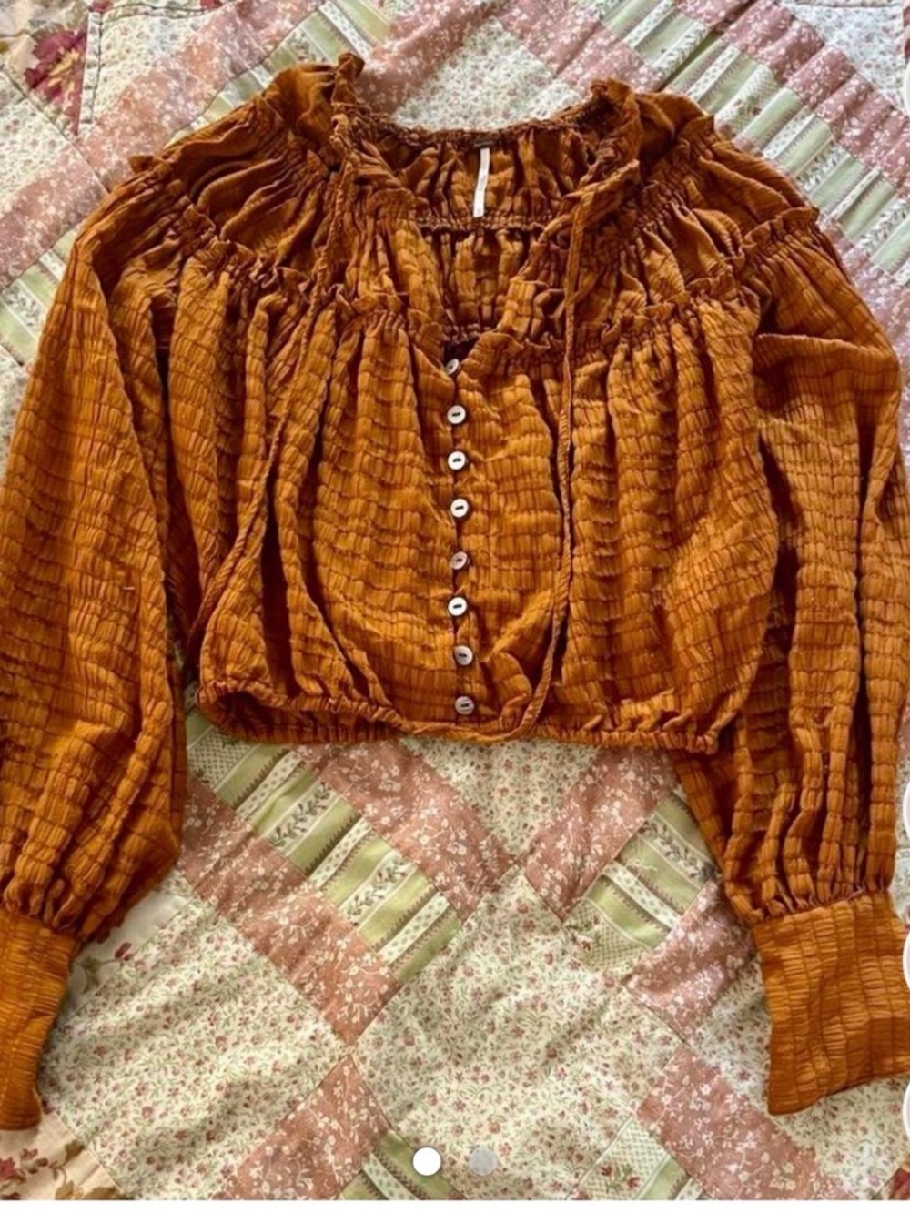 Free People Burnt Orange Smocked Button-Front Peasant Blouse